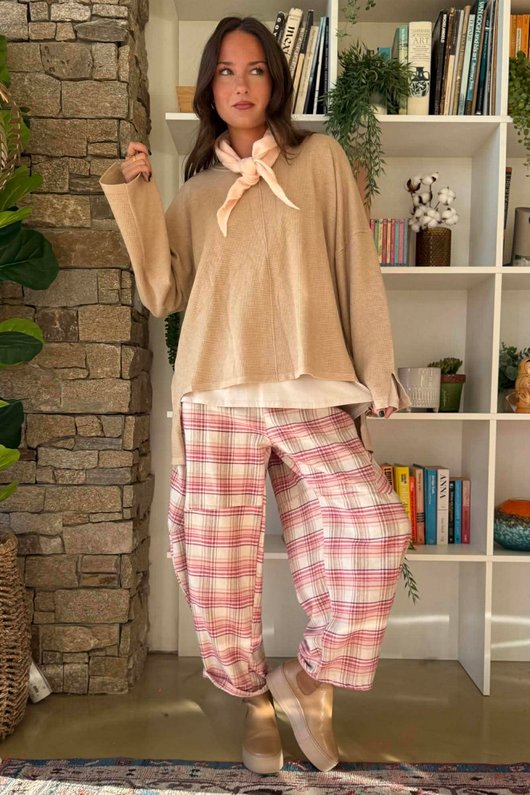 Agnes Plaid Brushed Cotton Barrel Pant Pink